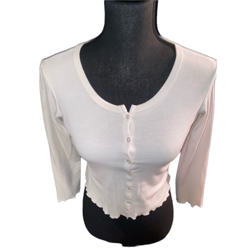 “White Fawn” Women’s Long Sleeve White Button Up Blouse Front Ribbon Trim